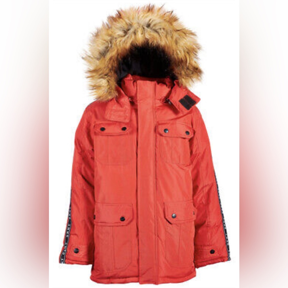New DKNY Big Boys Faux Fur Hood Parka Winter Jacket Coat Red Medium 10/12